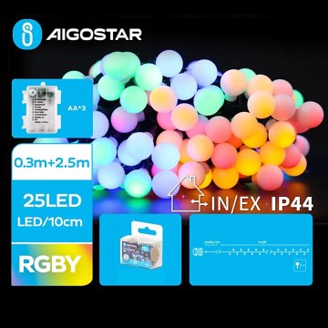 Aigostar - Corrente de Natal exterior LED RGBY 25xLED/3xAA/8 funções 2,8 m IP44