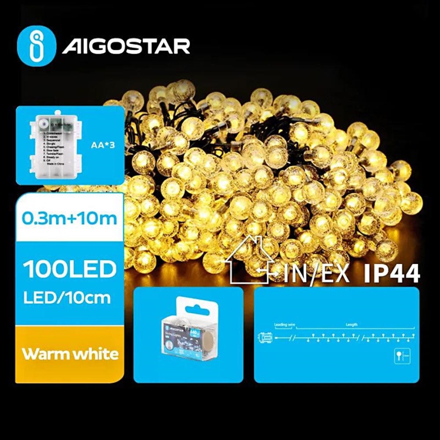 Aigostar - Corrente exterior de Natal LED 100xLED/3xAA/8 funções 10,3 m IP44 branco quente