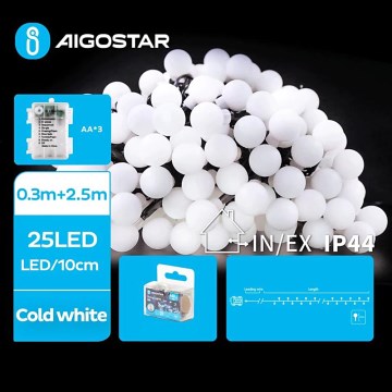 Aigostar - Corrente exterior de Natal LED 25xLED/3xAA/8 funções 2,8 m IP44 branco frio