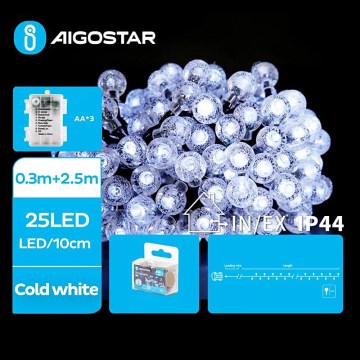 Aigostar - Corrente exterior de Natal LED 25xLED/3xAA/8 funções 2,8 m IP44 branco frio