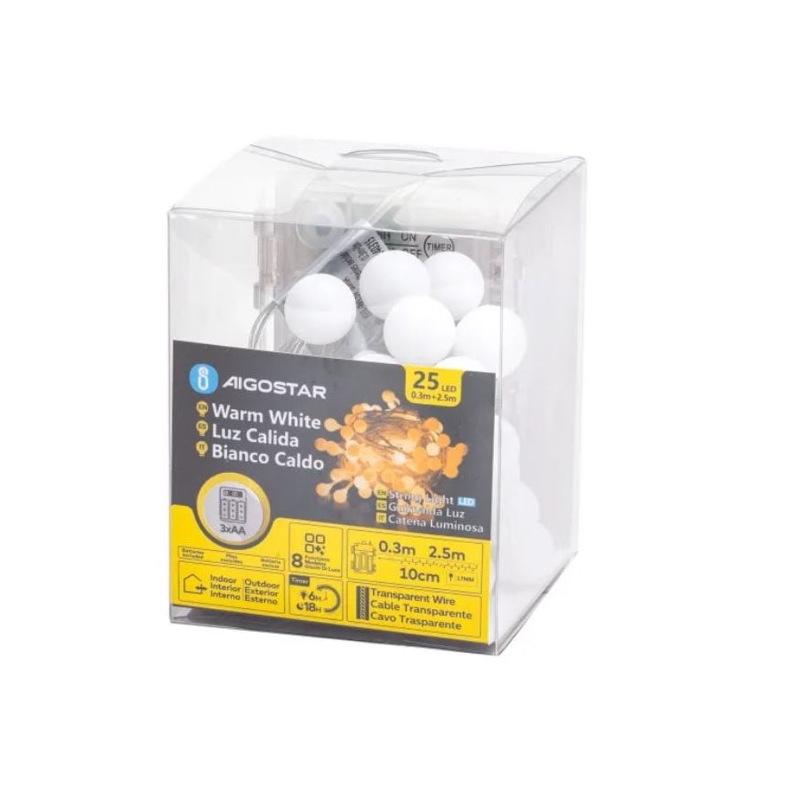 Aigostar-Corrente exterior de Natal LED 25xLED/3xAA/8 funções 2,8 m IP44 branco quente