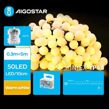 Aigostar - Corrente exterior de Natal LED 50xLED/3xAA/8 funções 5,3 m IP44 branco quente