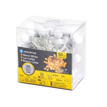 Aigostar - Corrente exterior de Natal LED 50xLED/3xAA/8 funções 5,3 m IP44 branco quente