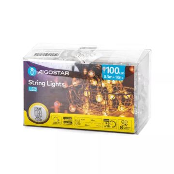 Aigostar - Corrente exterior de Natal LED 100xLED/3xAA/8 funções 10,3 m IP44 branco quente