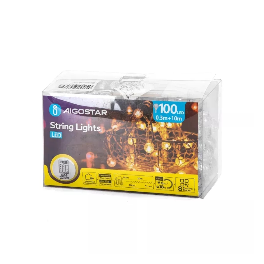 Aigostar - Corrente exterior de Natal LED 100xLED/3xAA/8 funções 10,3 m IP44 branco quente