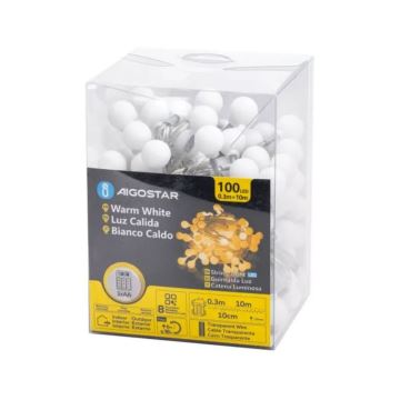 Aigostar - Corrente exterior de Natal LED 100xLED/3xAA/8 funções 10,3 m IP44 branco quente