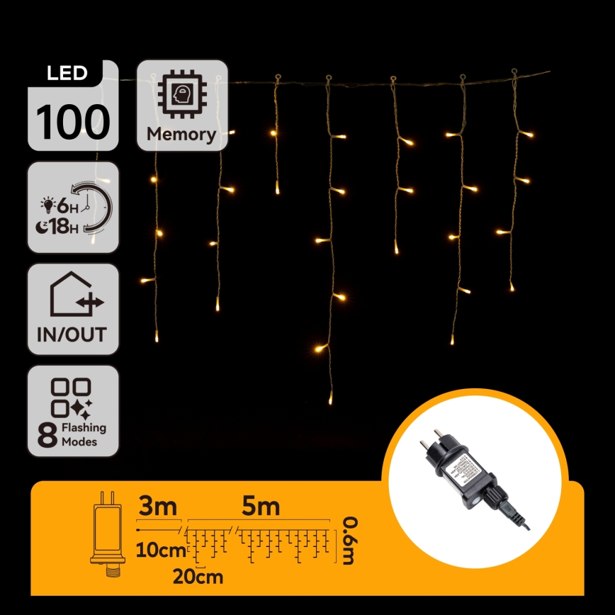 Aigostar - Guirlanda de Natal LED para exterior 100 LEDs / 8 funções 8x0,6m IP44 branco quente