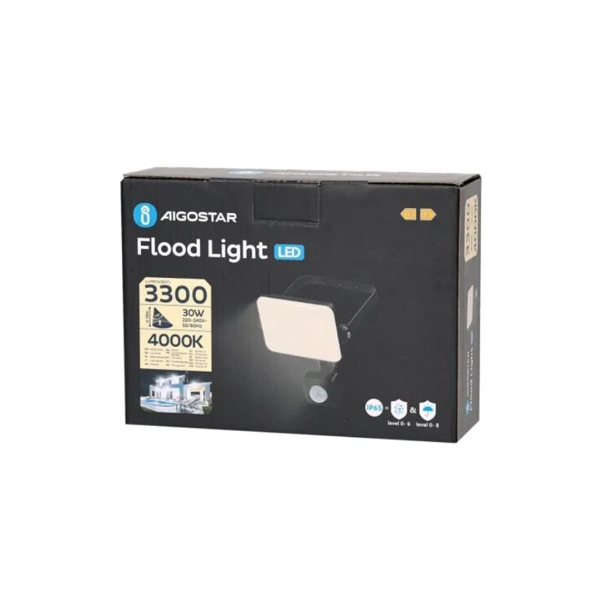 Aigostar - Holofote LED com sensor LED/30W/230V 4000K IP65 preto