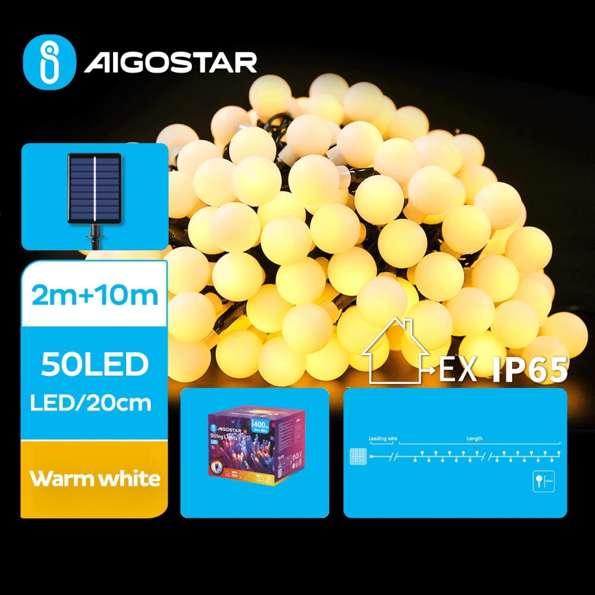 Aigostar - LED Solar corrente decorativa 50xLED/8 funções 12m IP65 branco quente