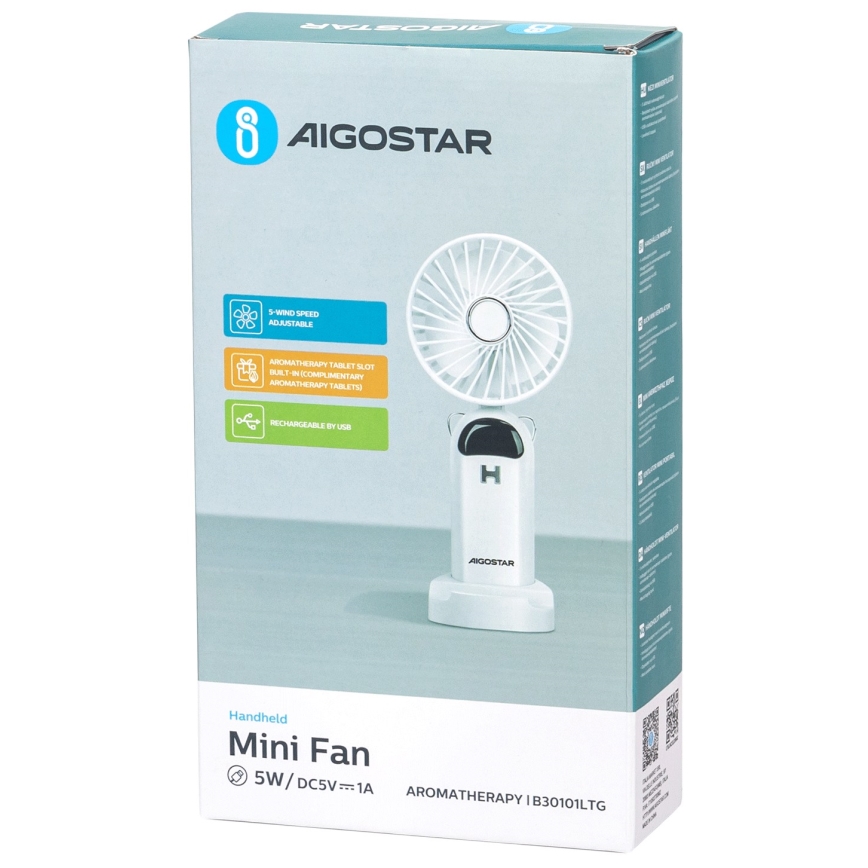 Aigostar - Ventoinha de mão recarregável 4W/5V 1200mAh branco