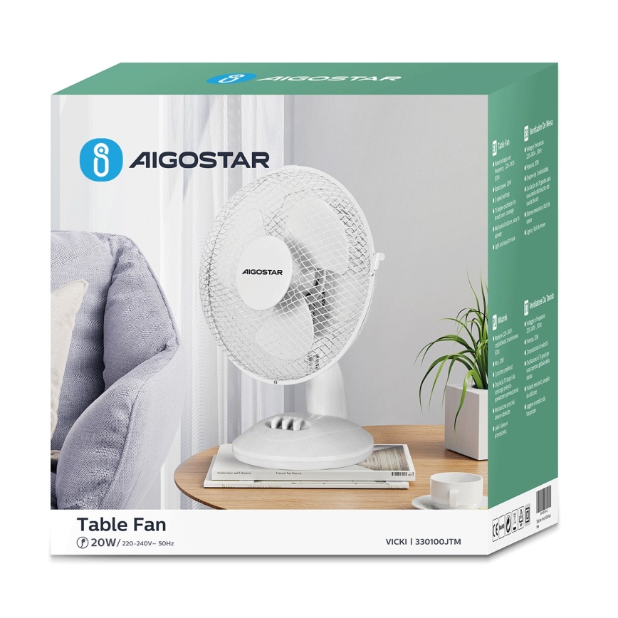 Aigostar - Ventoinha de mesa 20W/230V branco