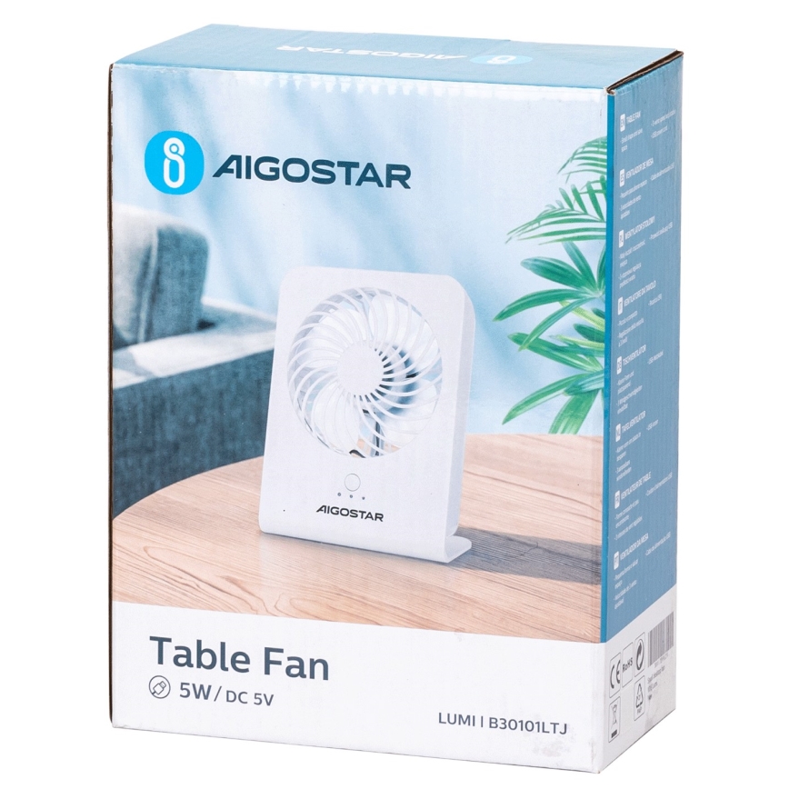 Aigostar - Ventoinha de mesa 5W/5V branco