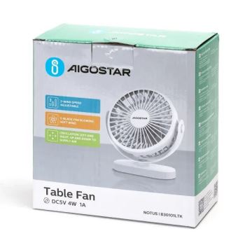 Aigostar - Ventoinha de mesa recarregável 4W/5V 1500mAh branco