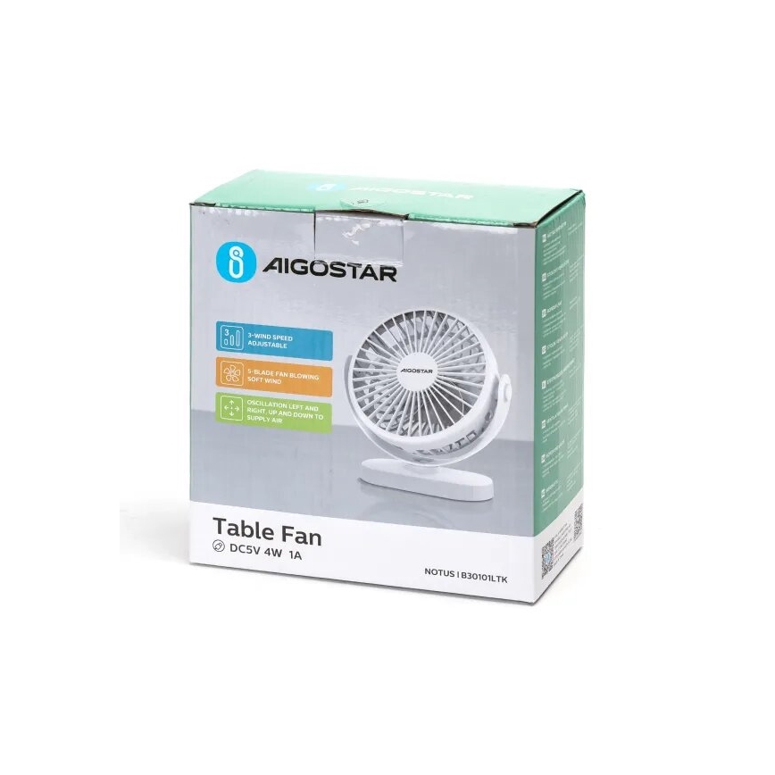 Aigostar - Ventoinha de mesa recarregável 4W/5V 1500mAh branco