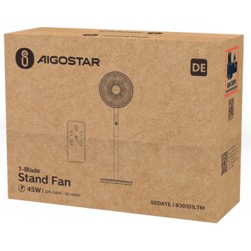 Aigostar - Ventoinha de pé 45W/230V branco + comando