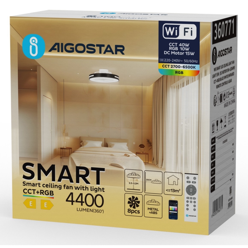 Aigostar-Ventoinha de teto LED RGB regulável LED/40W/230V 2700-6500K Wi-Fi+ comando