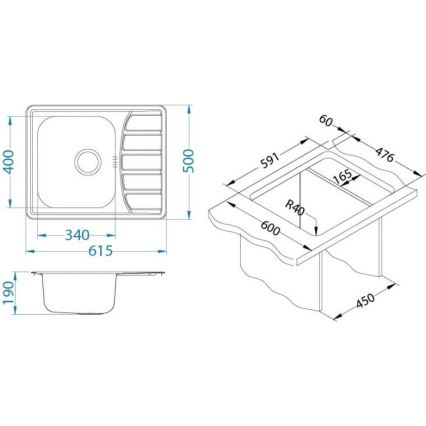 ALVEUS 1100215 - Lava-loiça de cozinha ZOOM 61,5x50 cm satin, para montagem superior
