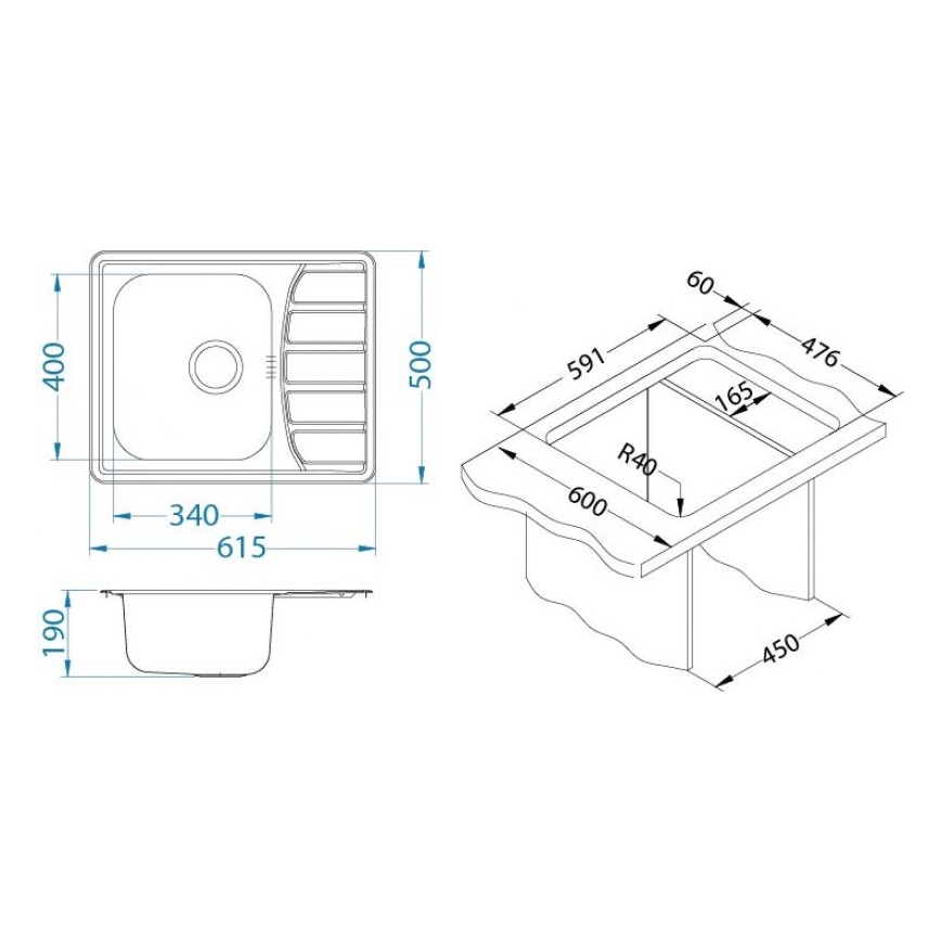 ALVEUS 1100215 - Lava-loiça de cozinha ZOOM 61,5x50 cm satin, para montagem superior