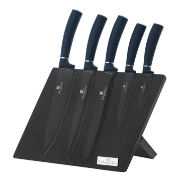 BerlingerHaus - Conjunto de facas de aço inoxidável com suporte magnético 6 pcs azul/preto