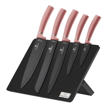 BerlingerHaus - Conjunto de facas de aço inoxidável com suporte magnético 6 pcs de aço inoxidável/ouro rosa