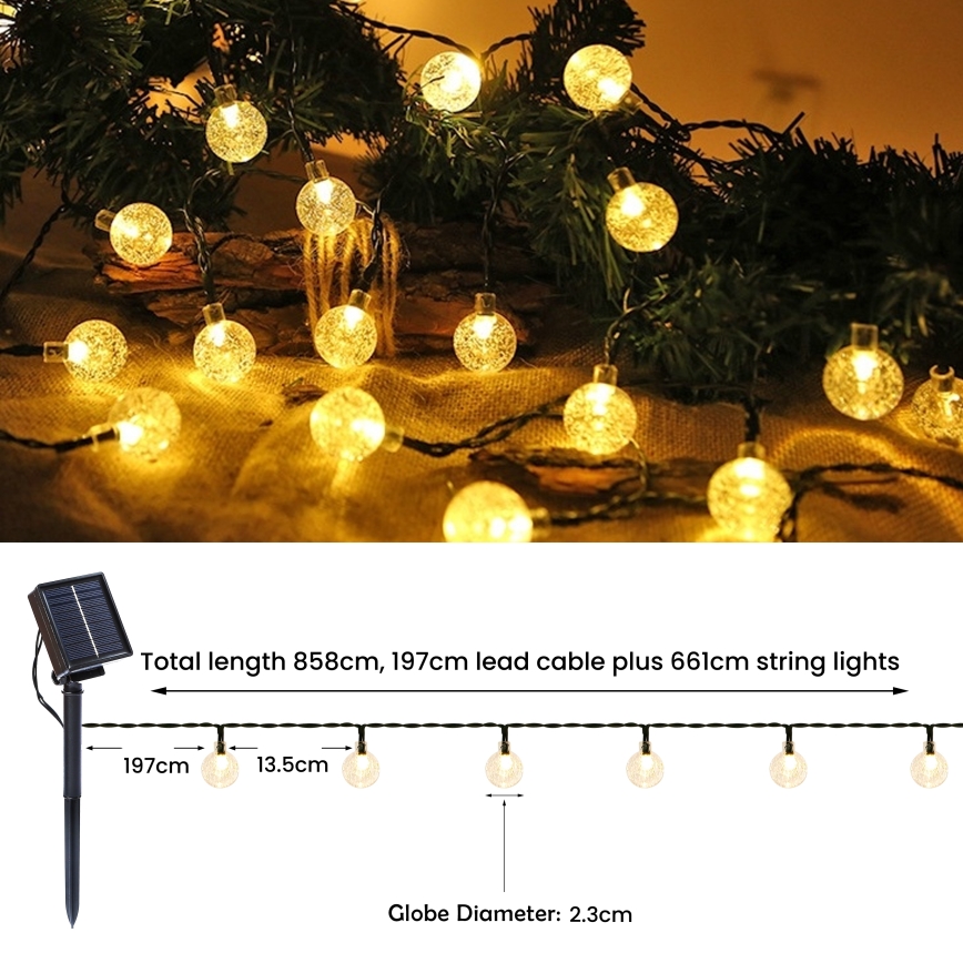 Brilagi - Corrente decorativa solar LED BUBBLE 200xLED/8 funções 20m IP65 branco quente