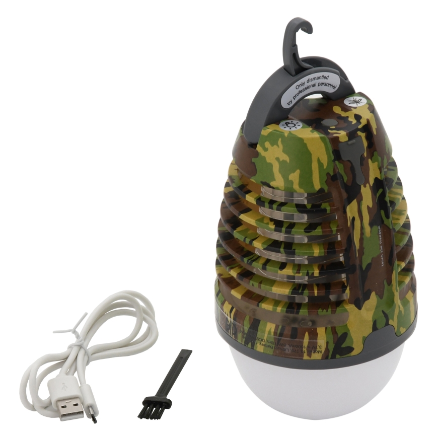 Candeeiro recarregável portátil LED com armadilha de insetos LED/2W/3,7V 1800 mAh IPX4 camuflagem