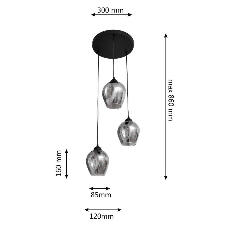 Candeeiro suspenso LILI 3xE27/15W/230V preto/cinzento