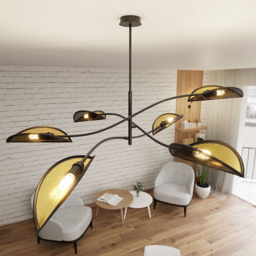 Candeeiro suspenso LOTUS 6xE14/10W/230V preto/dourado