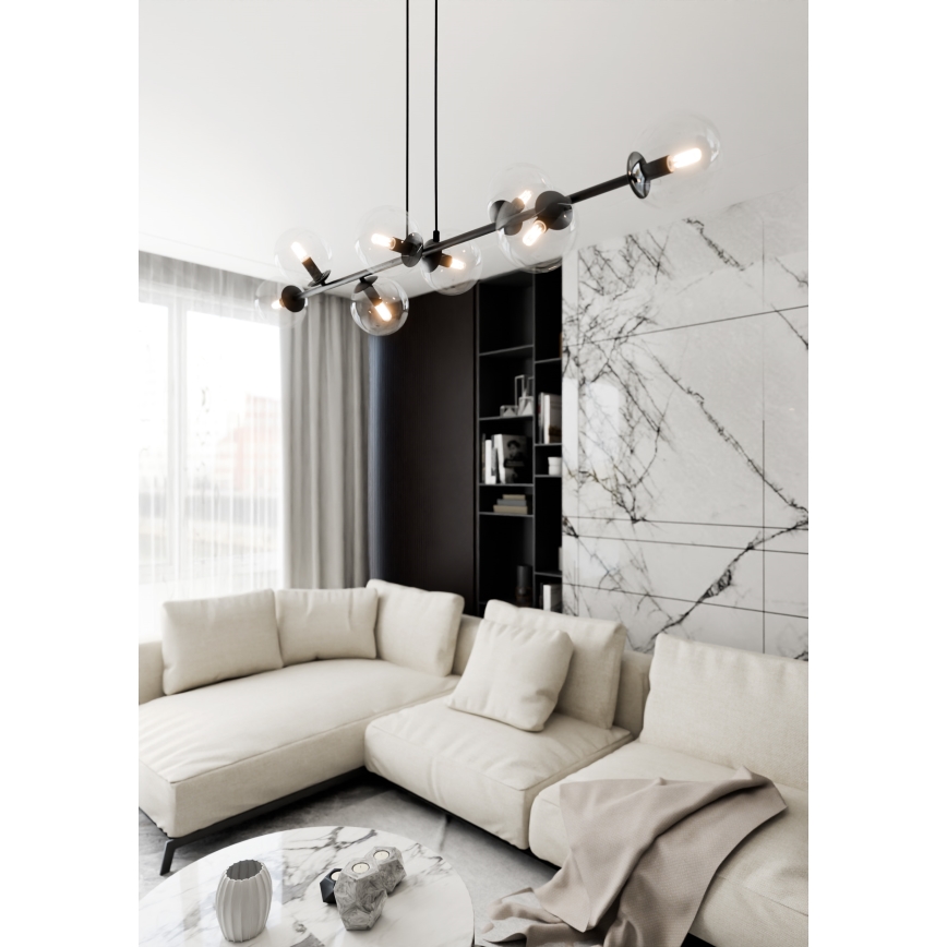 Candeeiro suspenso ROSSI 8xE14/10W/230V preto/transparente