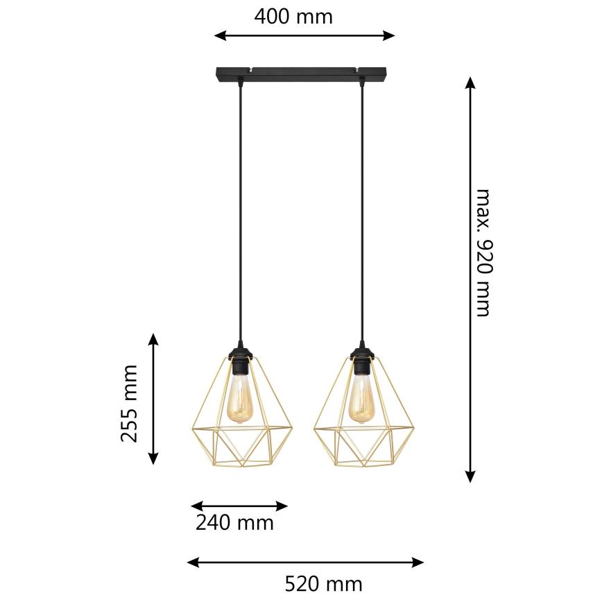 Candelabro suspenso KARO 2xE27/60W/230V dourada/preto