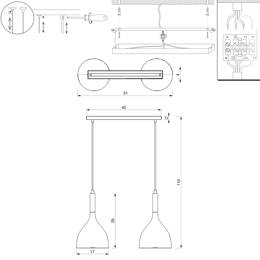 Candelabro suspenso NOAK WOOD 2xE27/60W/230V