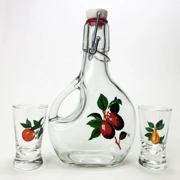 Conjunto  1x Garrafa grande + 2x copo para shots transparente com um motivo de fruta