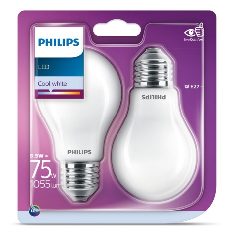 CONJUNTO 2x Lâmpada LED Bulb Philips E27/8,5W/230V 4000K