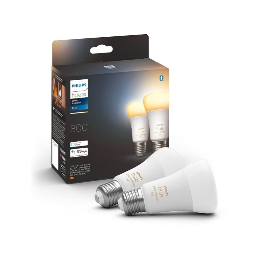 CONJUNTO 2x Lâmpada LED com regulação Philips Hue WHITE AMBIANCE E27/6W/230V 2200-6500K