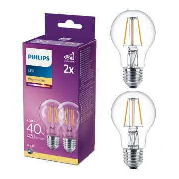 CONJUNTO 2x Lâmpada LED VINTAGE Philips A60 E27/4,3W/230V 2700K