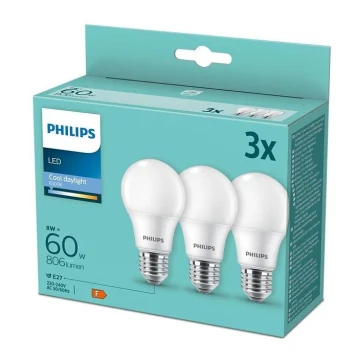 CONJUNTO 3x Lâmpada LED Philips A60 E27/8W/230V 6500K