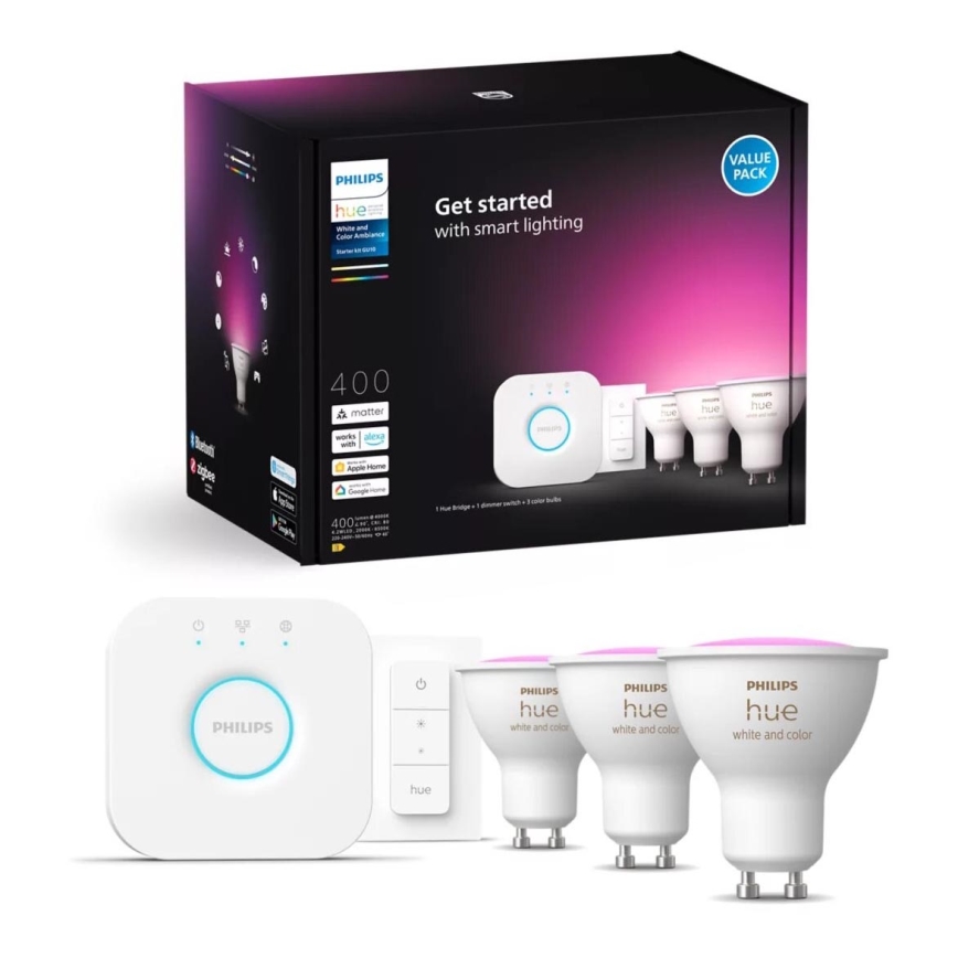 Conjunto básico Philips Hue WHITE AND COLOR AMBIANCE 3xGU10/4,2W/230V 2000-6500K + dispositivo para conectar