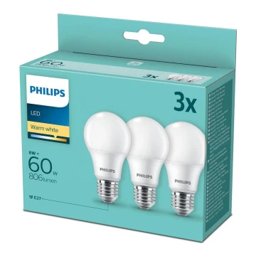 CONJUNTO de 3 lâmpadas LED Philips A60 E27/8W/230V 2700K