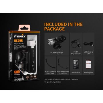 Fenix BC25R - Iluminação de bicicleta recarregável LED LED/USB IP66 600 lm 36 hrs