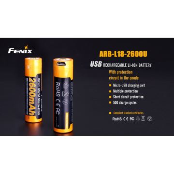 Fenix FE18650LI26USB - 1pc Bateria recarregável USB/3,6V 2600 mAh