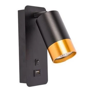 Foco de parede com carregador USB 1xGU10/35W/230V preto/dourado