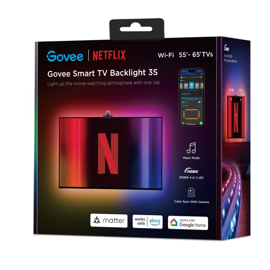 Govee - Backlight 3S Netflix TV 55-65" SMART LED retroiluminação RGBICW Wi-Fi + comando