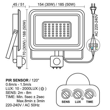 Holofote exterior LED com sensor LED/50W/230V 4000K IP44 preto