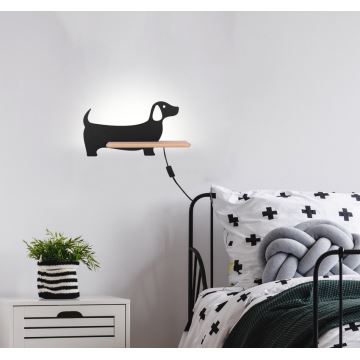 Iluminação de parede de criança LED com uma prateleira DOG LED/5W/230V preto/madeira