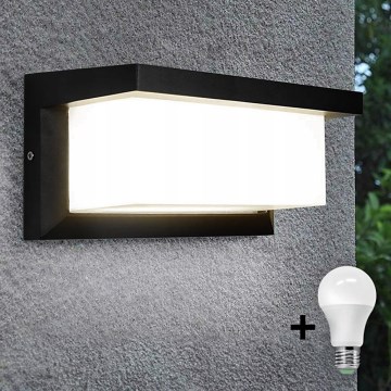 Iluminação de parede exterior LED com lâmpada e sensor de anoitecer NEELY 1xE27/9W/230V IP54 preto