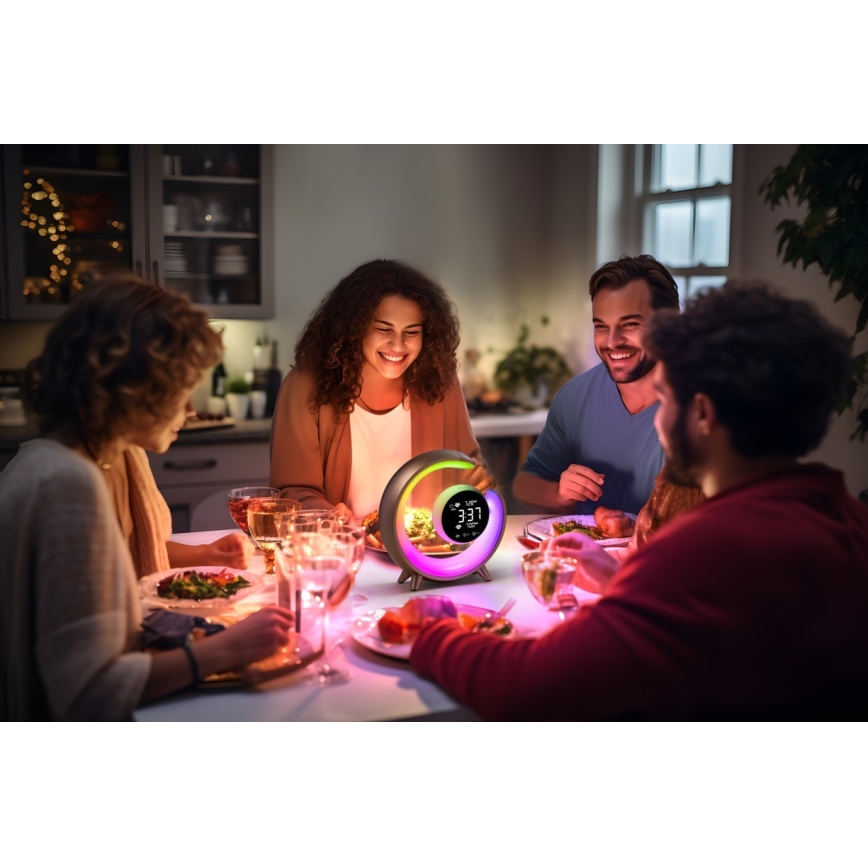 Candeeiro de mesa LED RGBW com regulação com despertador LED/20W/5V USB prateado