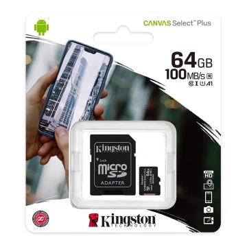 Kingston - MicroSDXC 64GB Canvas Select Plus U1 100MB/s + adaptador SD