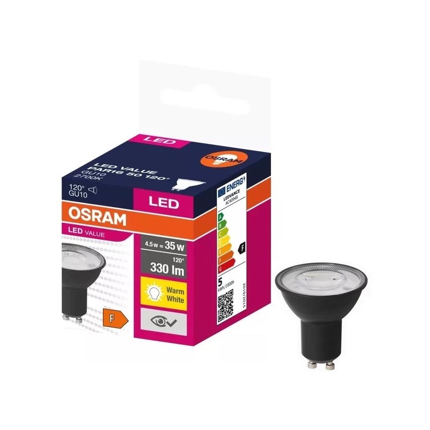 Lâmpada LED VALUE PAR16 GU10/4,5W/230V 2700K 120° preto - Ledvance