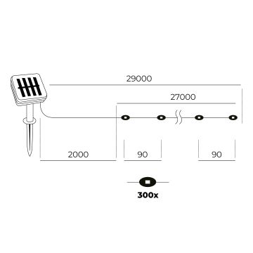 LED - Corrente solar 300xLED/0,12W/1,2V 1xAA 27 m IP44 3000K