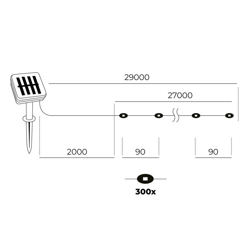 LED - Corrente solar 300xLED/0,12W/1,2V 1xAA 27 m IP44 3000K